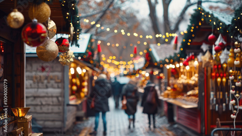 A bustling Christmas market scene, with twinkling lights, festive decorations, and shoppers browsing through the various stalls. Blurred image, selective focus. photo