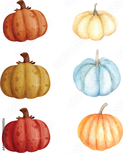 Autumn set of pumpkins. Watercolor Hand painted pumpkin for Halloween and Fall on white background. Vector illustration, watercolor painting, hand drawing