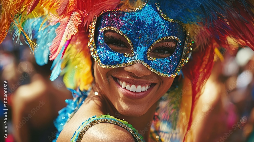 Joyful woman in a colorful feathered carnival costume with a blue mask at a parade. Joyful woman in a colorful feathered carnival costume with a blue mask at a parade.