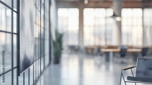 Out-of-focus image of a creative coworking space with large windows and sleek, minimalist design