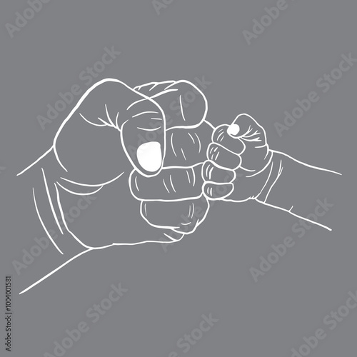 hands of father and child in fist, concept of power of two generations, fist of father and son, illustration for father's day