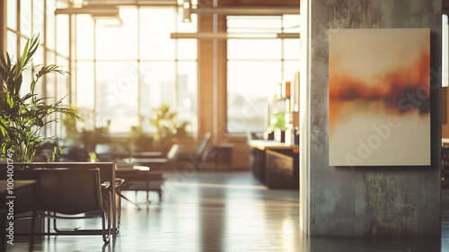 Out-of-focus image of a creative coworking space with natural lighting and modern furniture