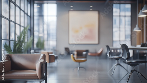 Out-of-focus image of a creative coworking space with soft lighting and elegant modern design