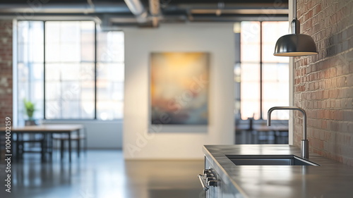 Out-of-focus image of a modern office interior with sleek minimalistic furnishings and soft lighting