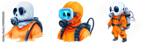 Colorful cartoon characters in protective suits with gas masks on a transparent background. photo