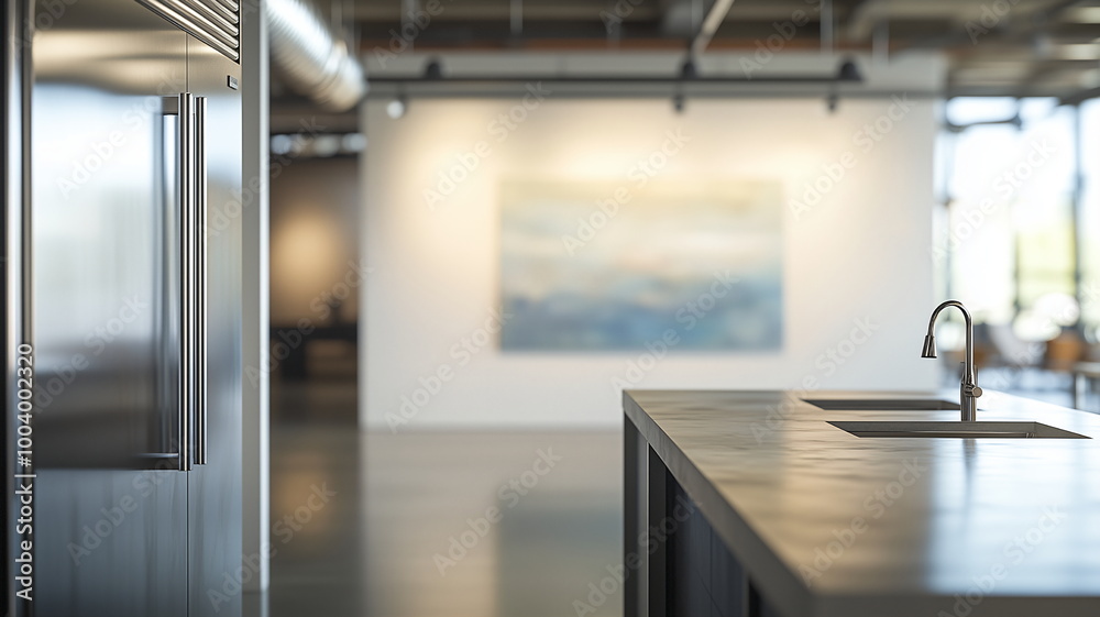 Out-of-focus image of a modern office kitchen with contemporary design and industrial elements
