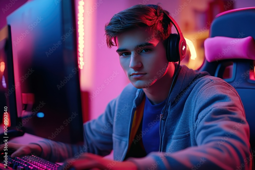 Young Male Gamer Engaged in Computer Gameplay