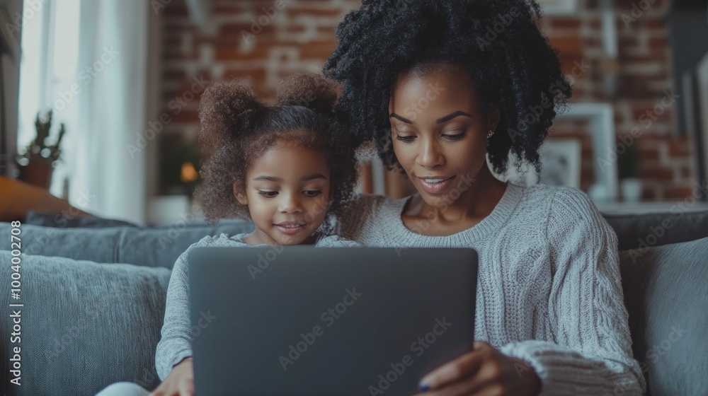 A woman and a child are sitting on a couch looking at a laptop