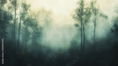 Out-of-focus image of a quiet foggy forest with tall trees and a serene atmosphere