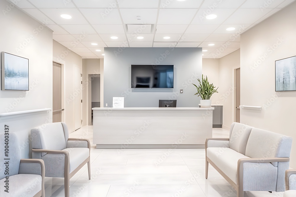 White Minimalist Waiting Area with Reception Desk and Chairs White Minimalist Waiting Area with Reception Desk and Chairs
