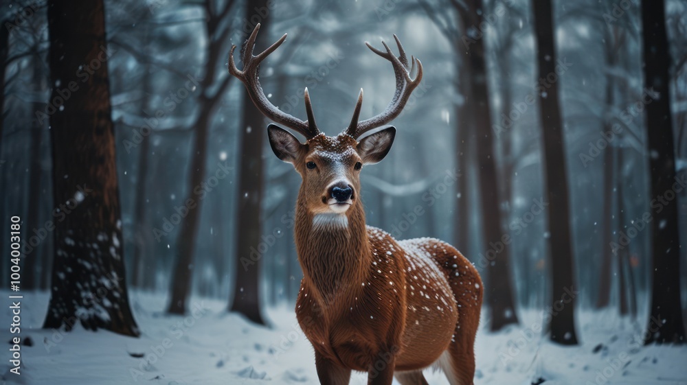 A majestic deer with large antlers stands in a snowy forest, looking directly at the camera. A majestic deer with large antlers stands in a snowy forest, looking directly at the camera.
