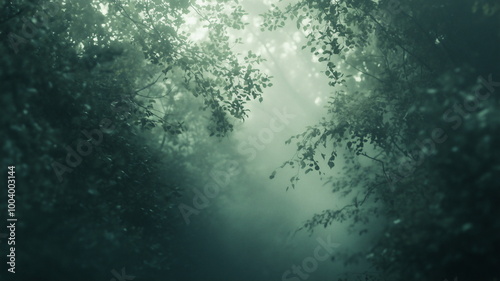 Out-of-focus image of a quiet foggy forest with overhanging branches creating a serene atmosphere