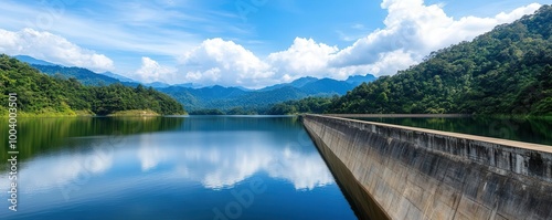 Large earthen dam with lush greenery on its slopes, reservoir water reflecting the sky, dam structure, sustainable infrastructure