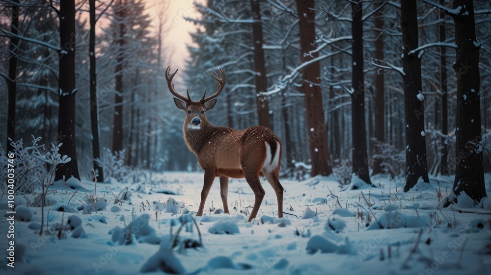 A lone deer stands in a snowy forest with a sunlit background. A lone deer stands in a snowy forest with a sunlit background.