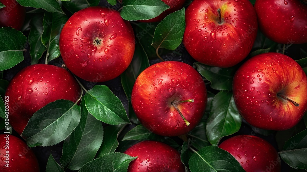 Close up of fresh red apple fruit background with leaves, top view. Photorealistic high resolution macro photography for advertising or food design. Close up of fresh red apple fruit background with leaves, top view. Photorealistic high resolution macro photography for advertising or food design.
