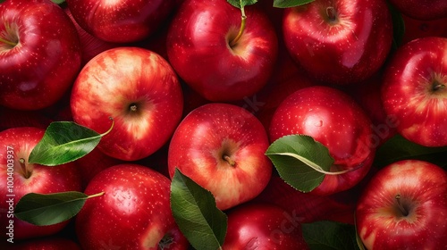 Close up of fresh red apple fruit background with leaves, top view. Photorealistic high resolution macro photography for advertising or food design.