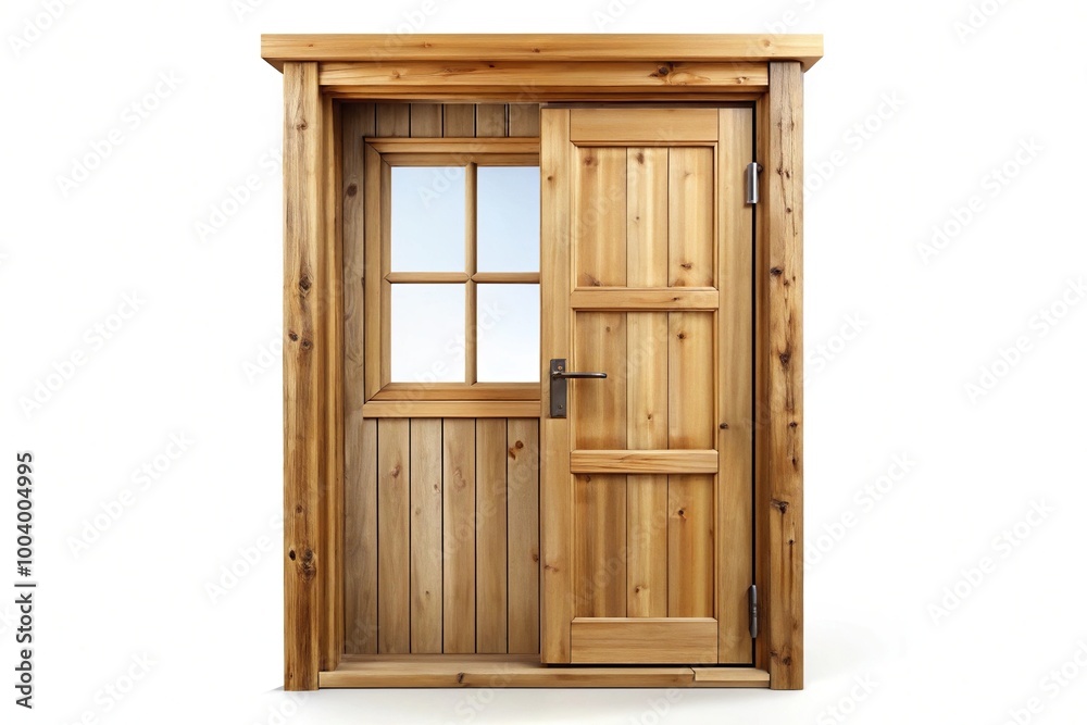 Wooden door with window isolated on white background at a tilted angle