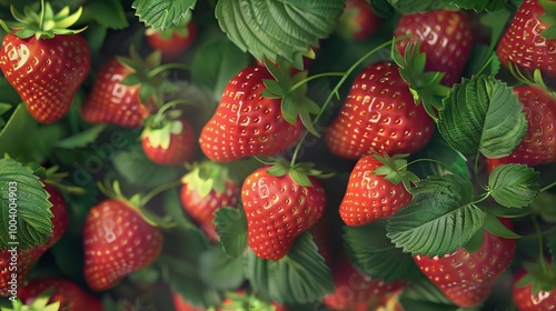 Close up of fresh strawberry fruit background with leaves, top view. Photorealistic high resolution macro photography for advertising or food design.