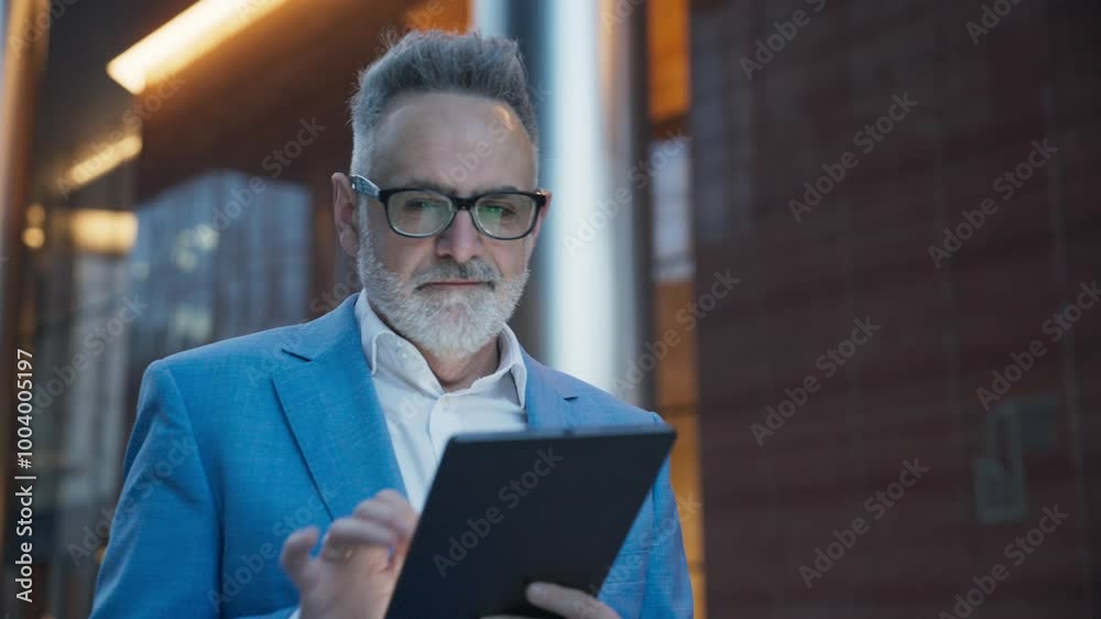 Camera focus on handsome Caucasian male standing under business center. Using tablet device vertically. Pressing with fingers on touch screen. Looking at camera and positively smiling. Camera focus on handsome Caucasian male standing under business center. Using tablet device vertically. Pressing with fingers on touch screen. Looking at camera and positively smiling.