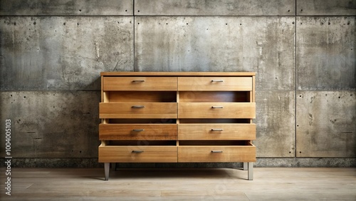 Wooden dresser with open drawers against concrete wall extreme close-up