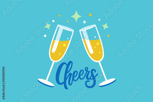 Cheers text with clinking champagne glasses and sparkles on blue background. Flat design illustration for celebration or greeting card