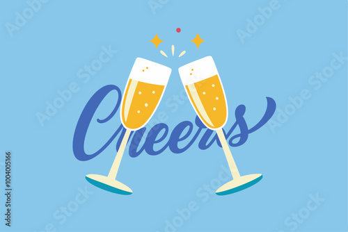 Cheers text with clinking champagne glasses and sparkles on light blue background. Flat design illustration for celebration or greeting card