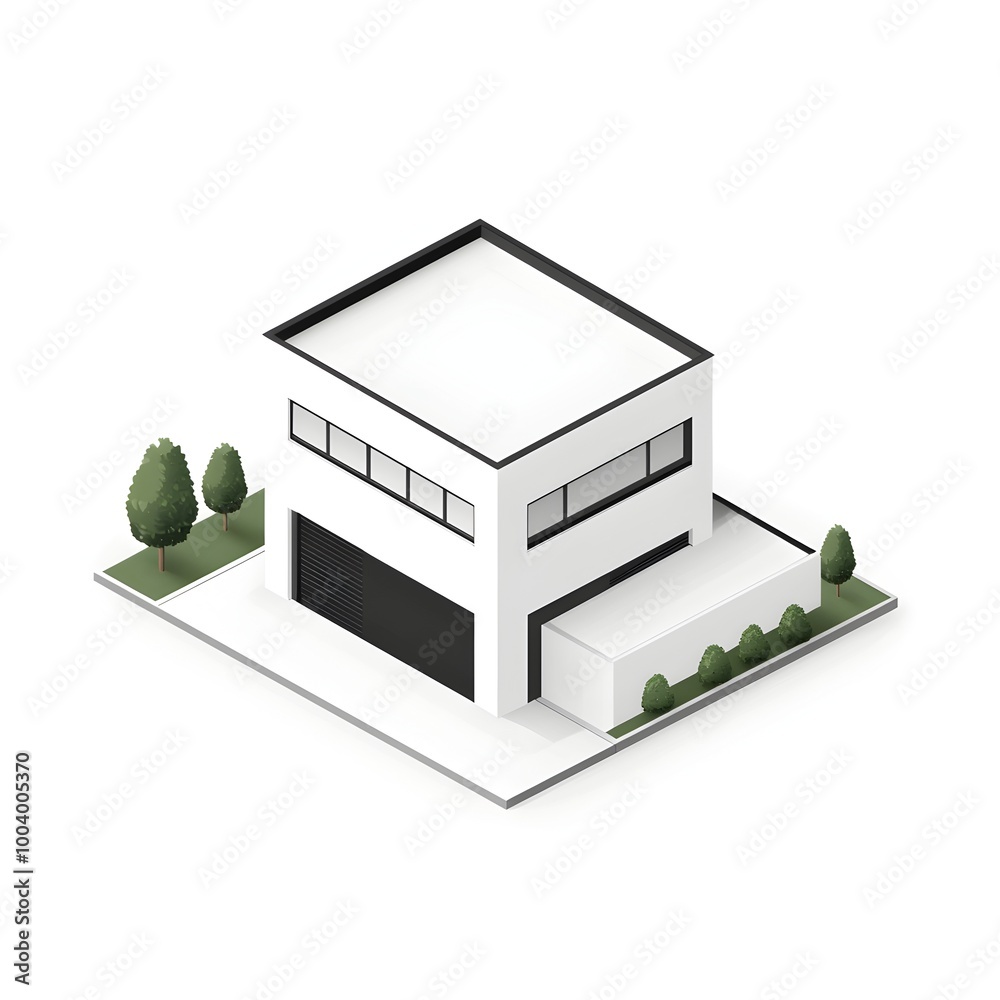Minimalist Isometric House with Flat Roof on White Background Minimalist Isometric House with Flat Roof on White Background