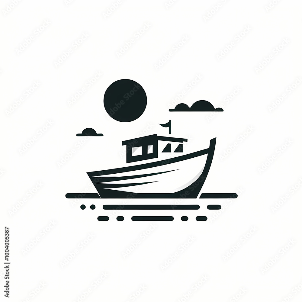 Simple illustration of a boat on the water on white background, minimalism, ideal as an icon or logo for travel, marine, or leisure branding. Simple illustration of a boat on the water on white background, minimalism, ideal as an icon or logo for travel, marine, or leisure branding.