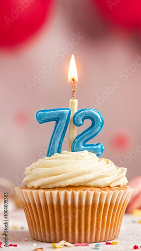 Birthday cupcake with burning lit candle with number 72. Number seventy-two for seventy-two years or seventy-second anniversary. photo