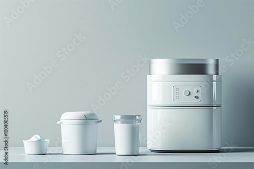 Modern yogurt maker machine standing on a kitchen countertop with its accessories photo