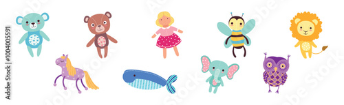 Sewed Stuffed or Fluffy Colorful Toys Vector Set