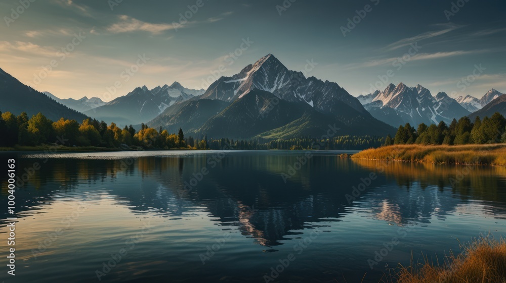 Naklejka premium A serene lake reflects the majestic snow-capped peaks of a mountain range under a blue sky with clouds.