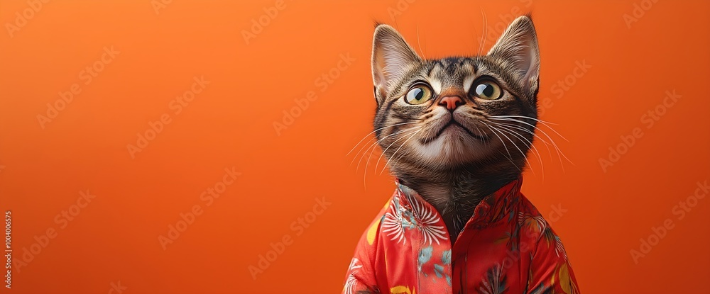 Obraz premium Tabby cat wearing colorful tropical shirt on orange background. Pet summer fashion and vacation concepts