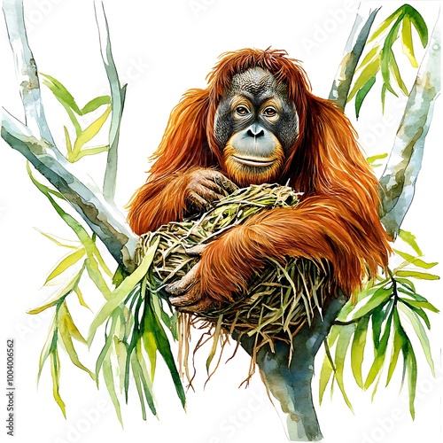 Orangutan Sitting in a Nest in a Tree. photo