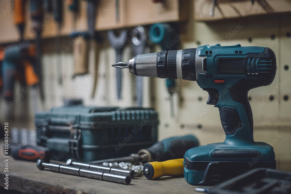 Cordless drill is standing on a workbench with various drill bits and other tools in the background Cordless drill is standing on a workbench with various drill bits and other tools in the background