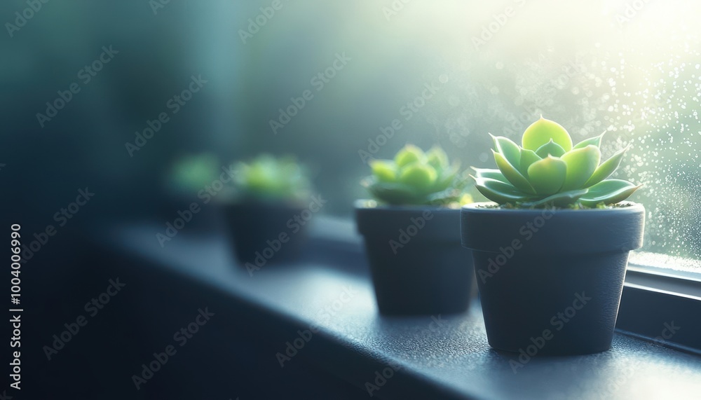 Three beautiful succulents in pots on a sunny windowsill with soft natural lighting. Three beautiful succulents in pots on a sunny windowsill with soft natural lighting.