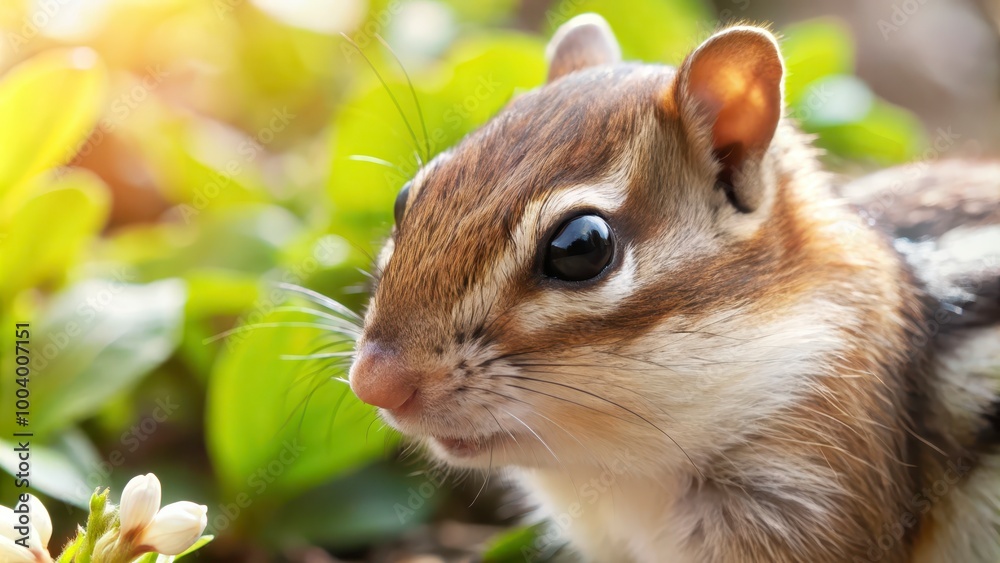 Close-Up of Chipmunk in Sunlit Garden - Adorable Wildlife Image for Nature or Spring-Themed Projects with a Playful and Curious Mood Close-Up of Chipmunk in Sunlit Garden - Adorable Wildlife Image for Nature or Spring-Themed Projects with a Playful and Curious Mood