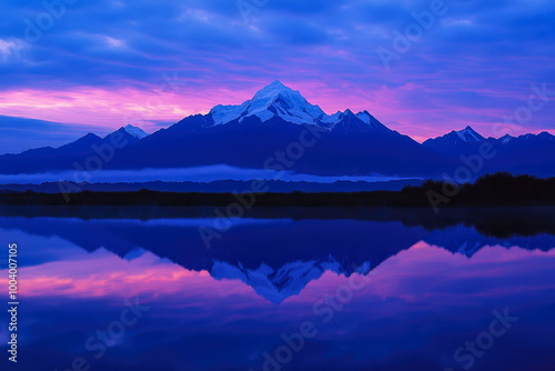 A serene image featuring a majestic mountain reflected in a lake, framed by a vibrant sky with pink and purple hues at dusk. photo
