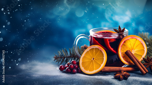 Fototapeta Naklejka Na Ścianę i Meble -  Christmas mulled red wine with spices and fruits on a blue background. Traditional hot drink at Christmas time