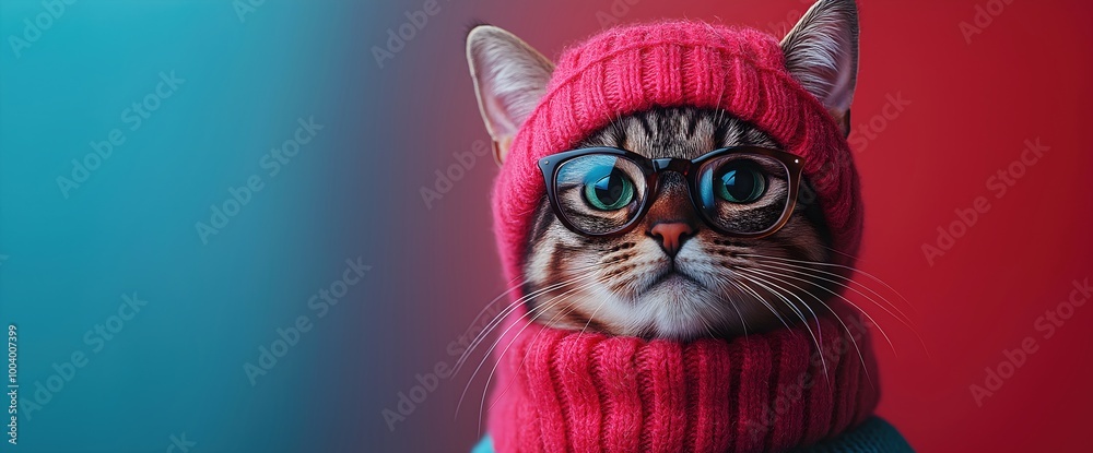Fototapeta premium Stylish tabby cat wearing pink knit hat and glasses on gradient background. Pet fashion and winter lifestyle concepts. Banner with copy space