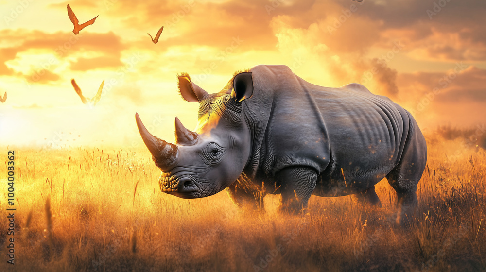 Fototapeta premium A critically endangered rhino standing in the savannah at sunset