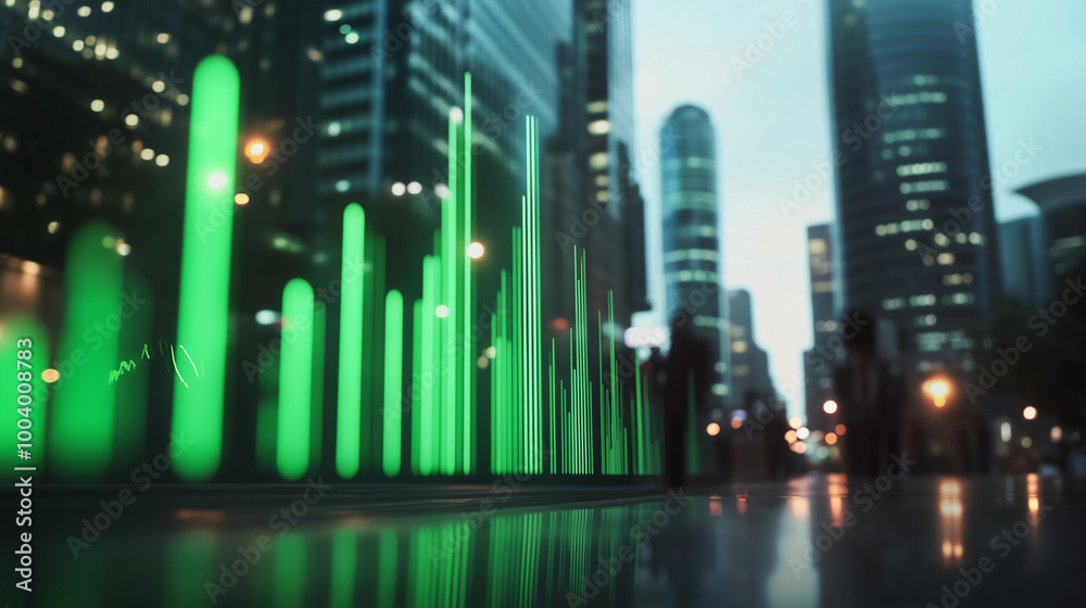A dynamic bar chart with fluctuating green bars illustrating the growth of renewable energy stocks, set against a modern financial district backdrop. A dynamic bar chart with fluctuating green bars illustrating the growth of renewable energy stocks, set against a modern financial district backdrop.