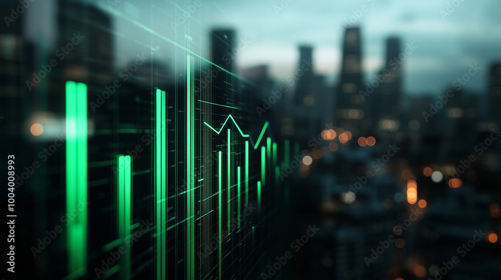 A striking green bar chart with an upward trajectory set against a blurred city skyline, representing the growth of eco-friendly businesses in the stock market. A striking green bar chart with an upward trajectory set against a blurred city skyline, representing the growth of eco-friendly businesses in the stock market.