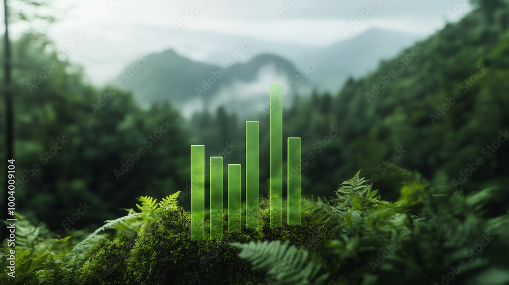 A minimalist green bar chart overlaying a natural landscape, illustrating the connection between eco-investing and environmental health. A minimalist green bar chart overlaying a natural landscape, illustrating the connection between eco-investing and environmental health.