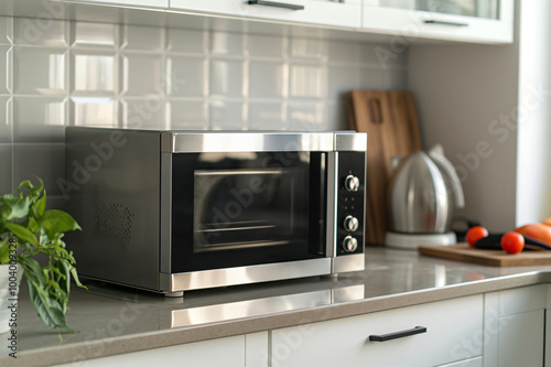 Modern stainless steel microwave oven is sitting on a quartz countertop in a bright kitchen