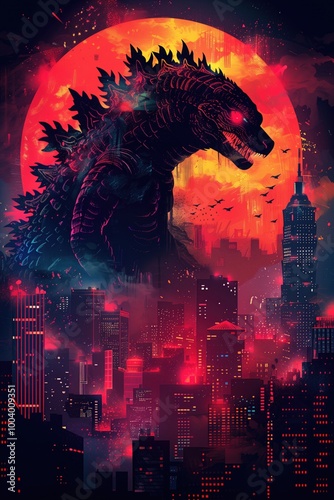 godzilla attacking the city, vector art style abstract design, neon colors. concept art photo