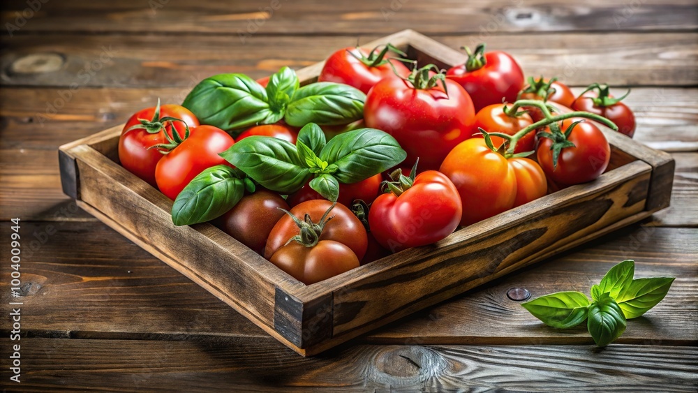 Wooden tray filled with tomatoes, basil and oregano with shallow depth of field Wooden tray filled with tomatoes, basil and oregano with shallow depth of field