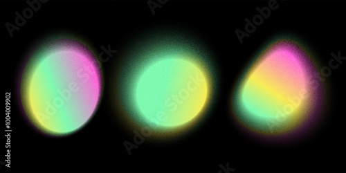 Set of burred color circle gradient noise gradation. Abstract colorful watercolor blur mesh shape on black background. Gradient aura, grain neon blob with noise effect. eps10 vector illustration.
