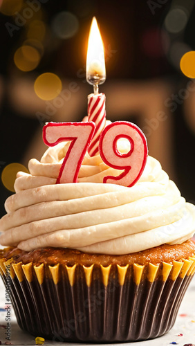 Birthday cupcake with burning lit candle with number 79. Number seventy-nine for seventy-nine years or seventy-ninth anniversary. photo