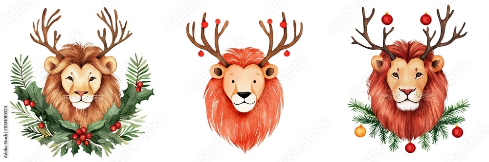 Lion heads with antlers and festive decorations, white isolate background. Lion heads with antlers and festive decorations, white isolate background.